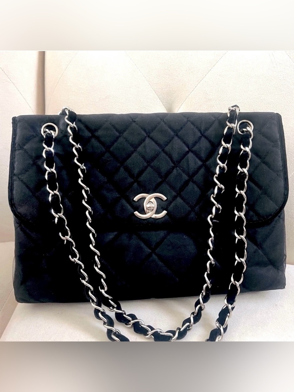 Chanel Quilted Tulle Black Overlay Flap Bag w/COA card